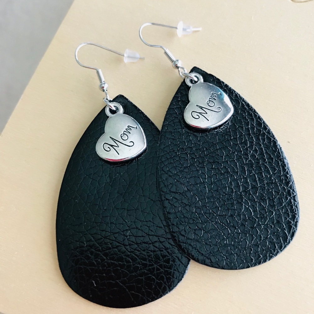 Leather “mom” earring with silver charm